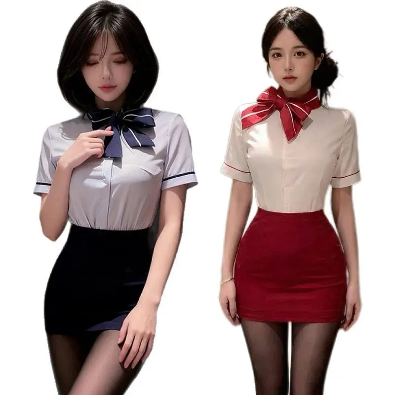 New Seductive Flight Attendant Secretary OL Office Pure Desire Style Secretary Bodycon Skirt Two Piece Skirt Set Cosplay Uniform