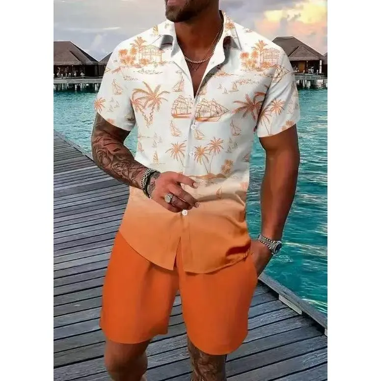 Roveup Spring Summer New Casual Menswear Set Outfit, Gradient Color Tropical Shirt, Drawstring Shorts, Street Style, Men's Vacation, Multiple Sizes