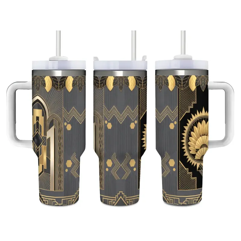Vintage Art Deco Gold Geometric Stainless Steel Insulated Flask Tumbler with Straw, Sliding Lid - Great Gatsby Style Luxury Beverage Cup for Hot/Cold Drinks, Ideal for Office Use, Gift for Vintage Lovers, Flasks