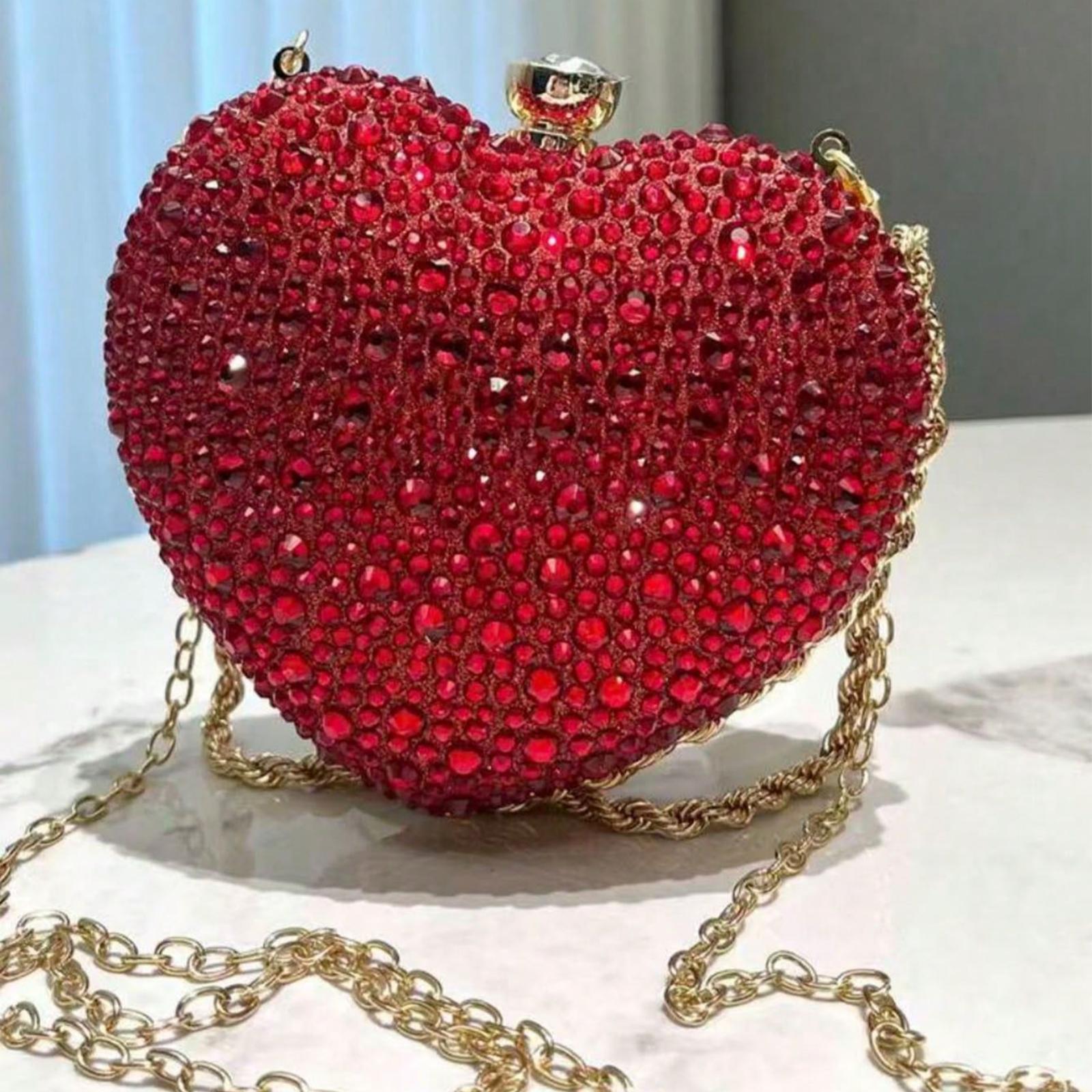 Glamorous Sparkling Red Rhinestone Heart Shaped Clutch Bag, Cute Mini Glitter Crossbodybag Asymmetrical Handbag, Suitable For Evening Party, Wedding, Banquet, Celebration Events, Great Gift For Women, Valentine's Day