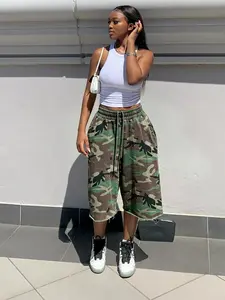 Women's Camouflage Print Loose Wide Leg Pants, Casual Elastic Drawstring Hem Seven-Eighths Shorts, Comfortable and Stylish