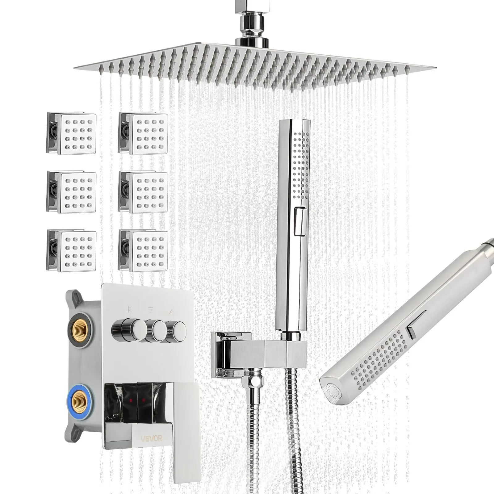 VEVOR Brass Rain Shower System, 10-in Ceiling Mount Set with 6 Body Jets, 2-in-1 Handheld Spray, Rotatable 3-Function Rain Head, 1/2-in NPT Durable Pressure-Resistant Valve & Trim Kit, Chrome for Relaxation