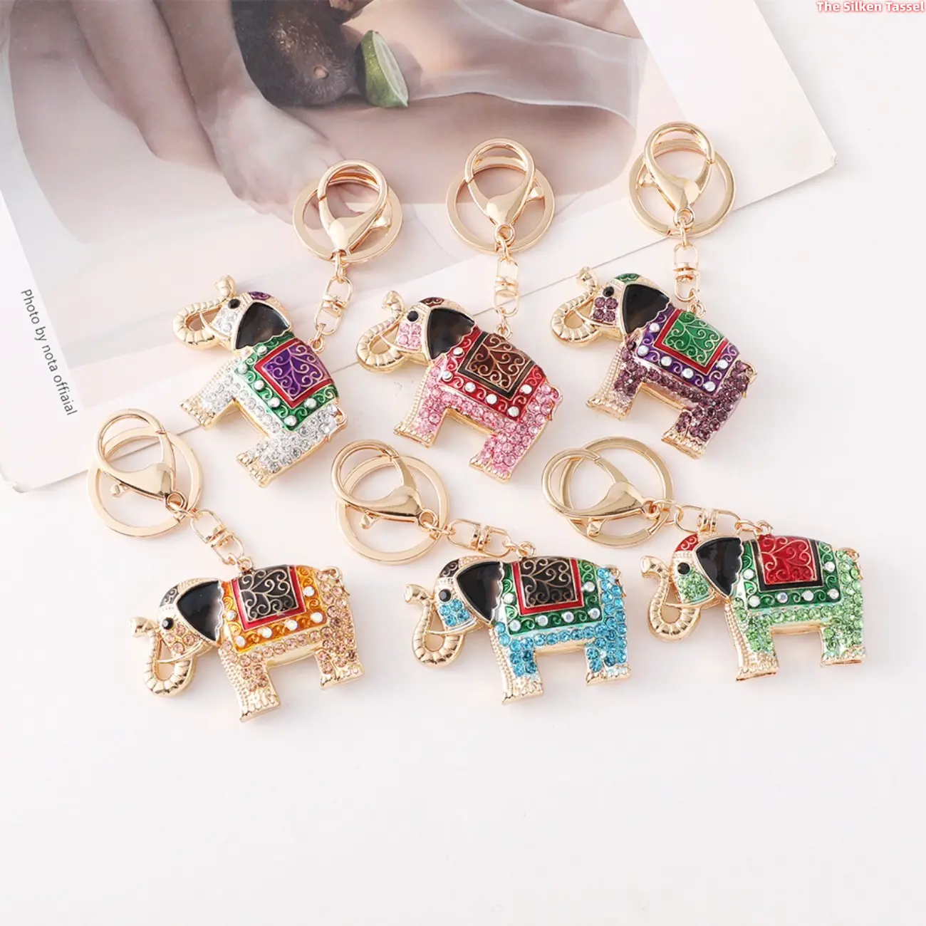 Colorful Enamel Rhinestone Elephant Keychain, Gold Metal Lucky Elephant Bag Charm with Spring Key Ring, Vintage Ethnic Style Crystal Inlay Key Holder for Car Keys Handbag Decor, Unisex Fashion Lucky Jewelry Gift for Women Men