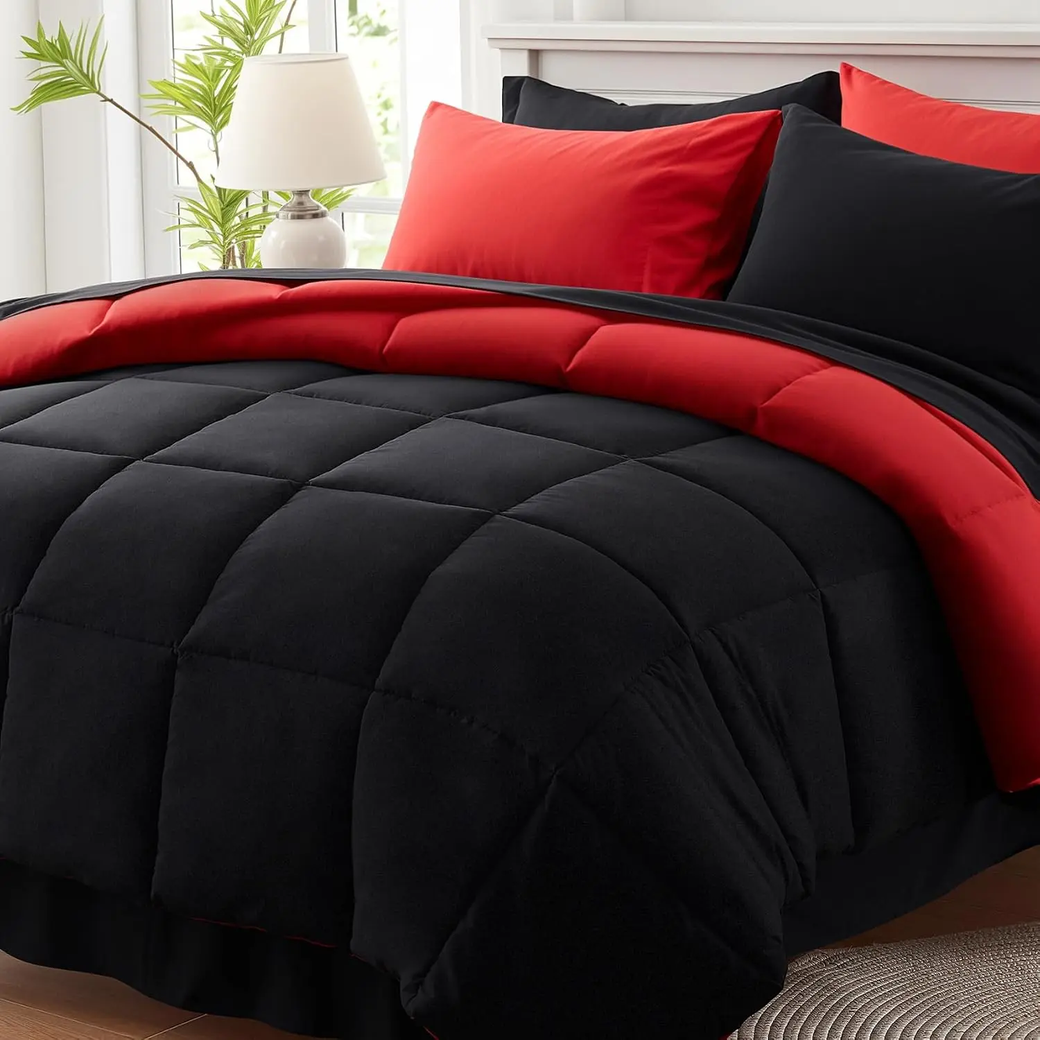 Queen Comforter Set 7 Piece, Soft Bed in a Bag Queen Bedding Sets| Reversible Red&Black, Lightweight, All Season, OEKO-TEX Certified,Down Alternative Comforter, Breathable sheets & pillowcases