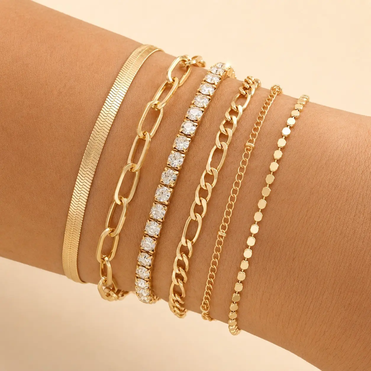 Women's 6-Piece Gold-Tone Layered Bracelet Set - Clear Rhinestone Herringbone, Mixed Chain Stack, Fashion Costume Jewelry Gift