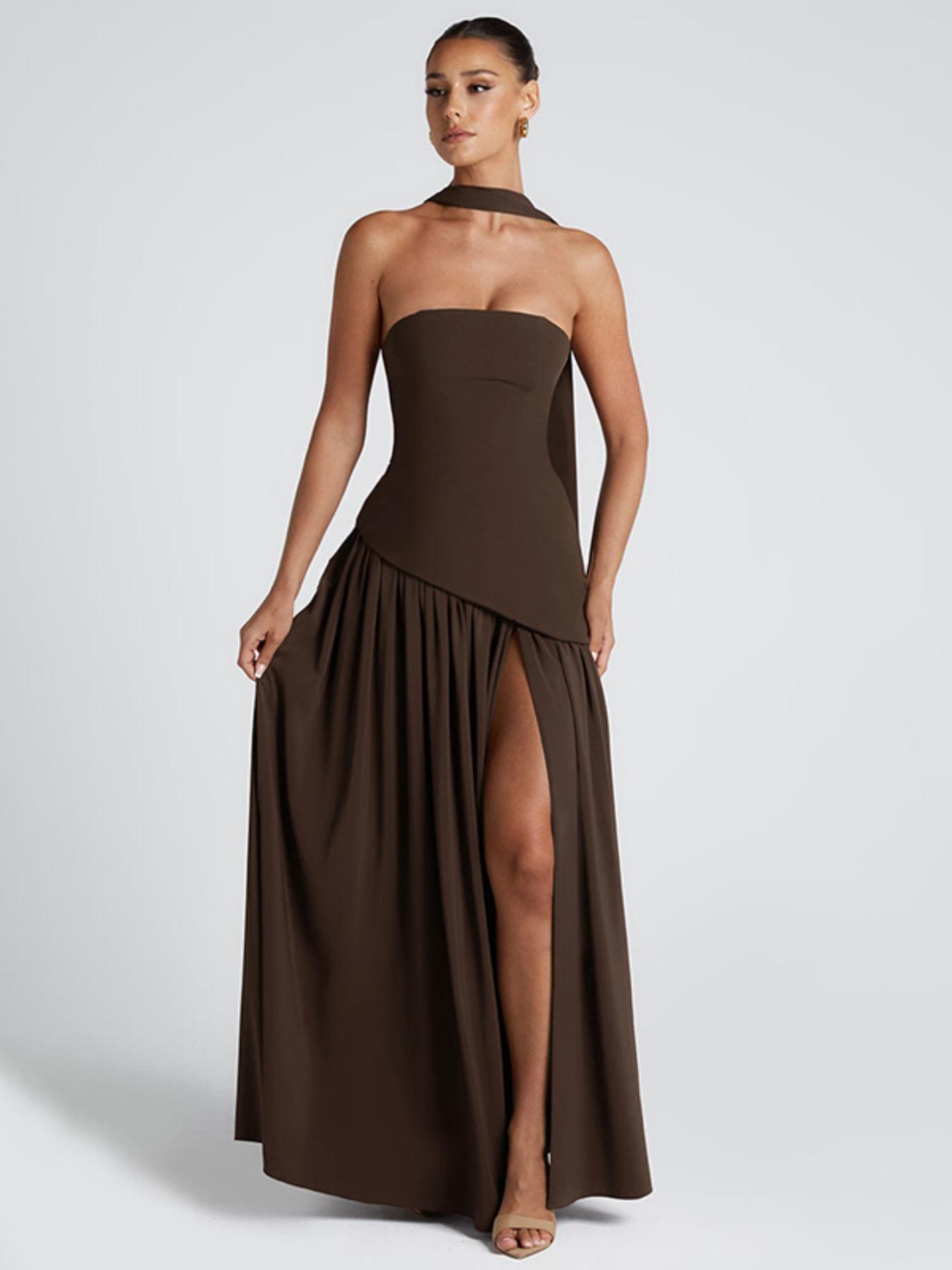 Women's Plain Split Thigh Body Con Tube Dress with Scarf, Elegant Strapless Dress for Party Club Beach Vacation, Ladies Clothes for All Seasons, Bodycon Party Dress Women's Plain Split Thigh Body Con Tube Dress with Scarf, Elegant Strapless Dress for Party Club Beach Vacation, Ladies Clothes for All Seasons, Bodycon Party Dress