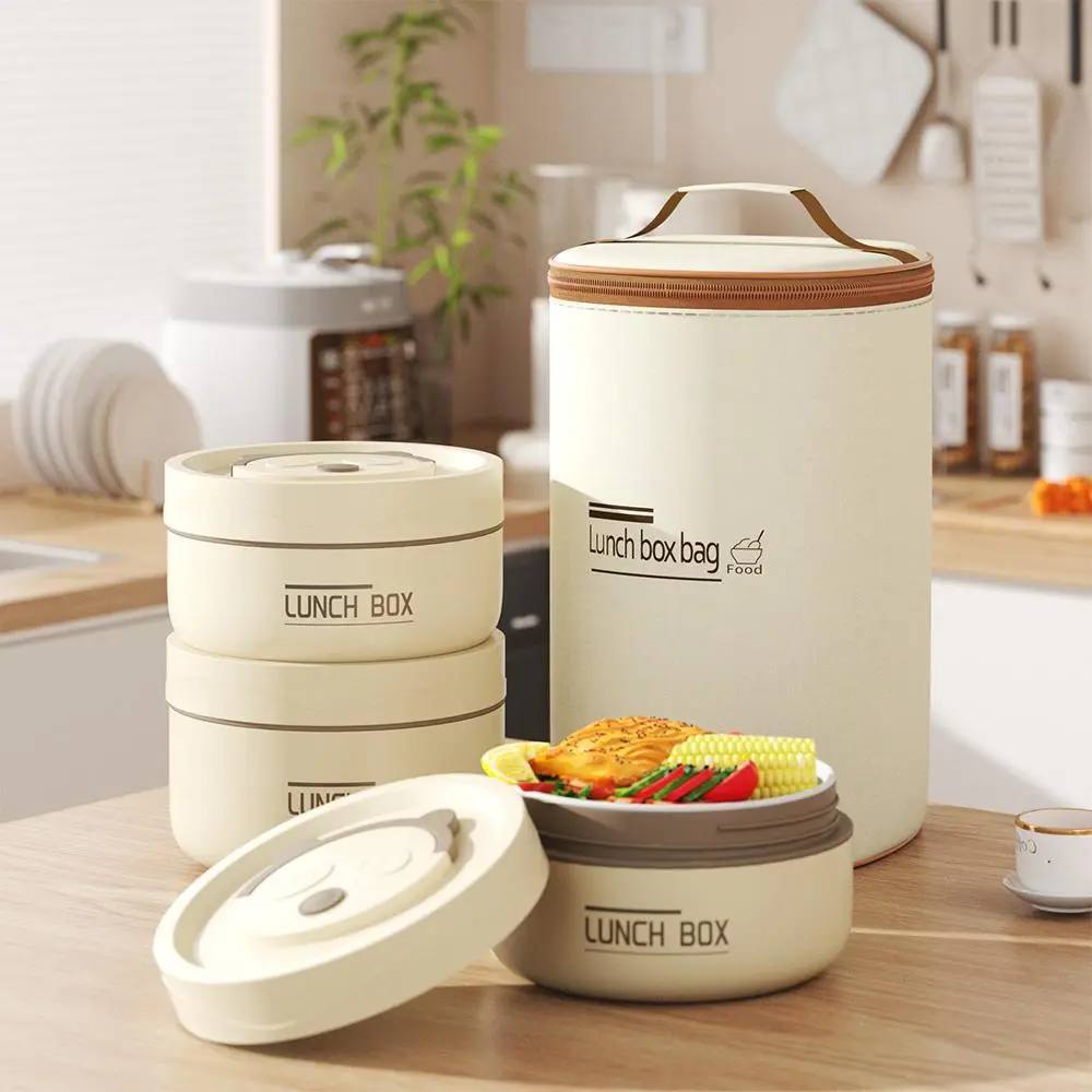 3 Pcs Insulated Panda Bento Box Portable Stainless Steel Food Container Round Microwave Safe Stackable Leakproof Thermal Food Container for Adult Men Women with Insulated Bag(Beige) lunch  box mom  running  lunchbox bentgo box