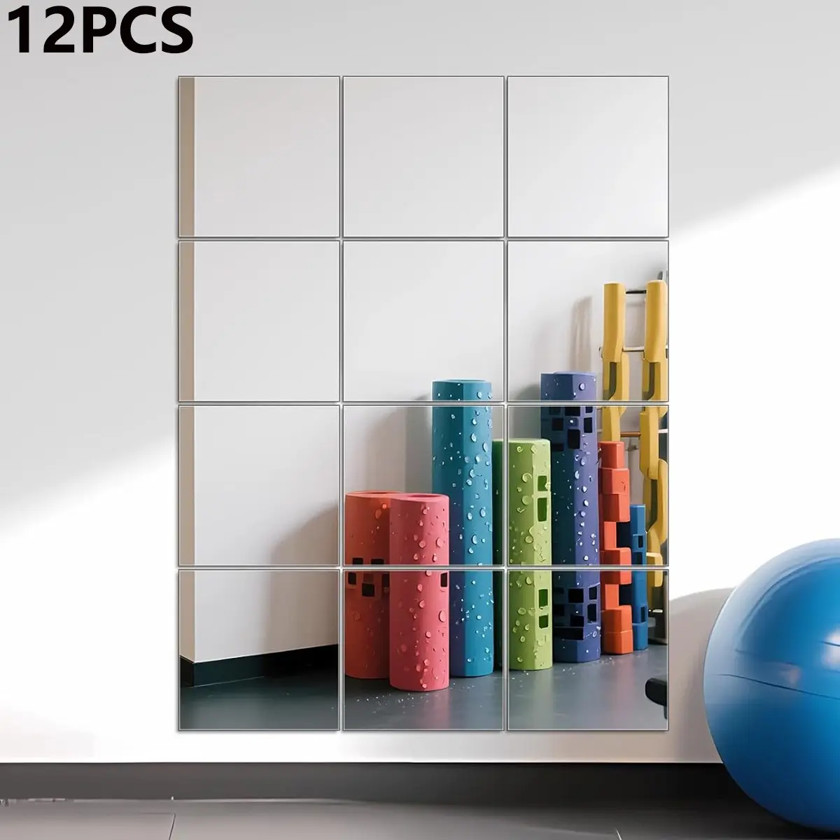 12pcs Home Gym Mirror Wall Stickers, Wall Mounted Mirror Glass Frameless Full Length Mirror Tiles for Home Gym, Bedroom, Door & Bathroom, Dorm Wall Decor, Dorm Mirror Stickers, Home Decor, Decorative Mirror Wall Stickers