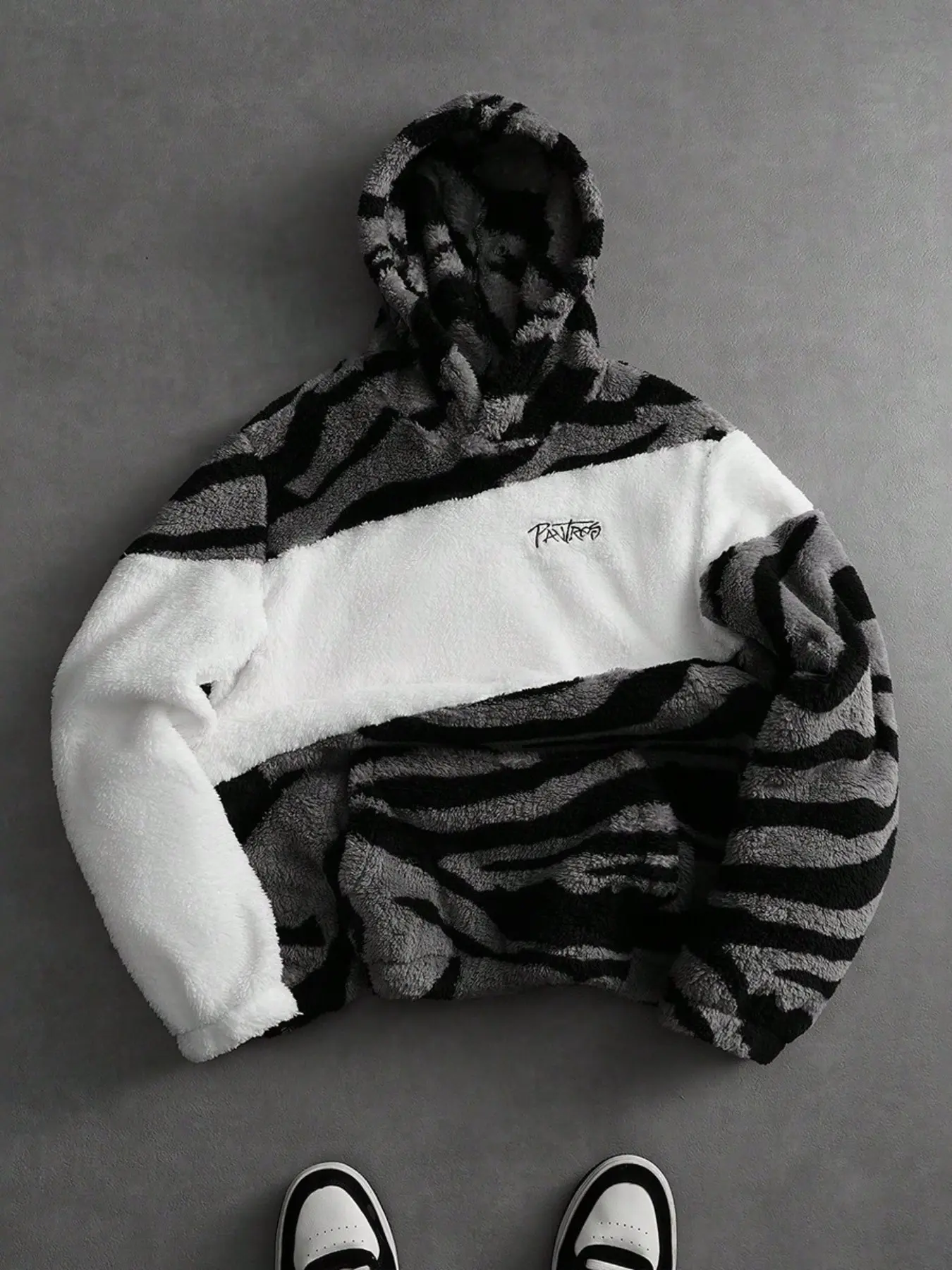 Men's Gray Zebra Print Contrast White Flannel Patchwork Hoodie | Long Sleeve Zip Up Casual Streetwear Sweatshirt | Cozy Outerwear for Men