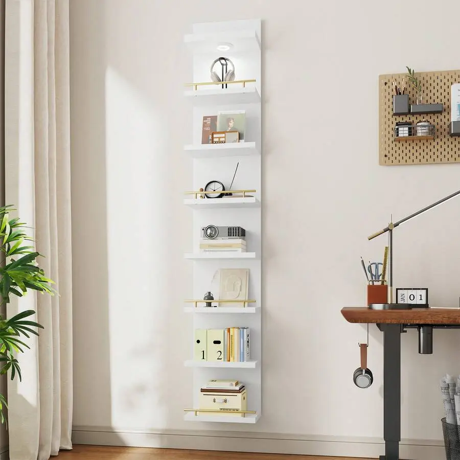 8-Tier Wooden Wall Mount Floating Shelf Unit - LED Lights, Anti-Slip Rails, Adjustable, Flexible, Practical, Organizer for Bathroom Beauty Products & Home Supplies, Hardware & Instructions Included, Easy Installation