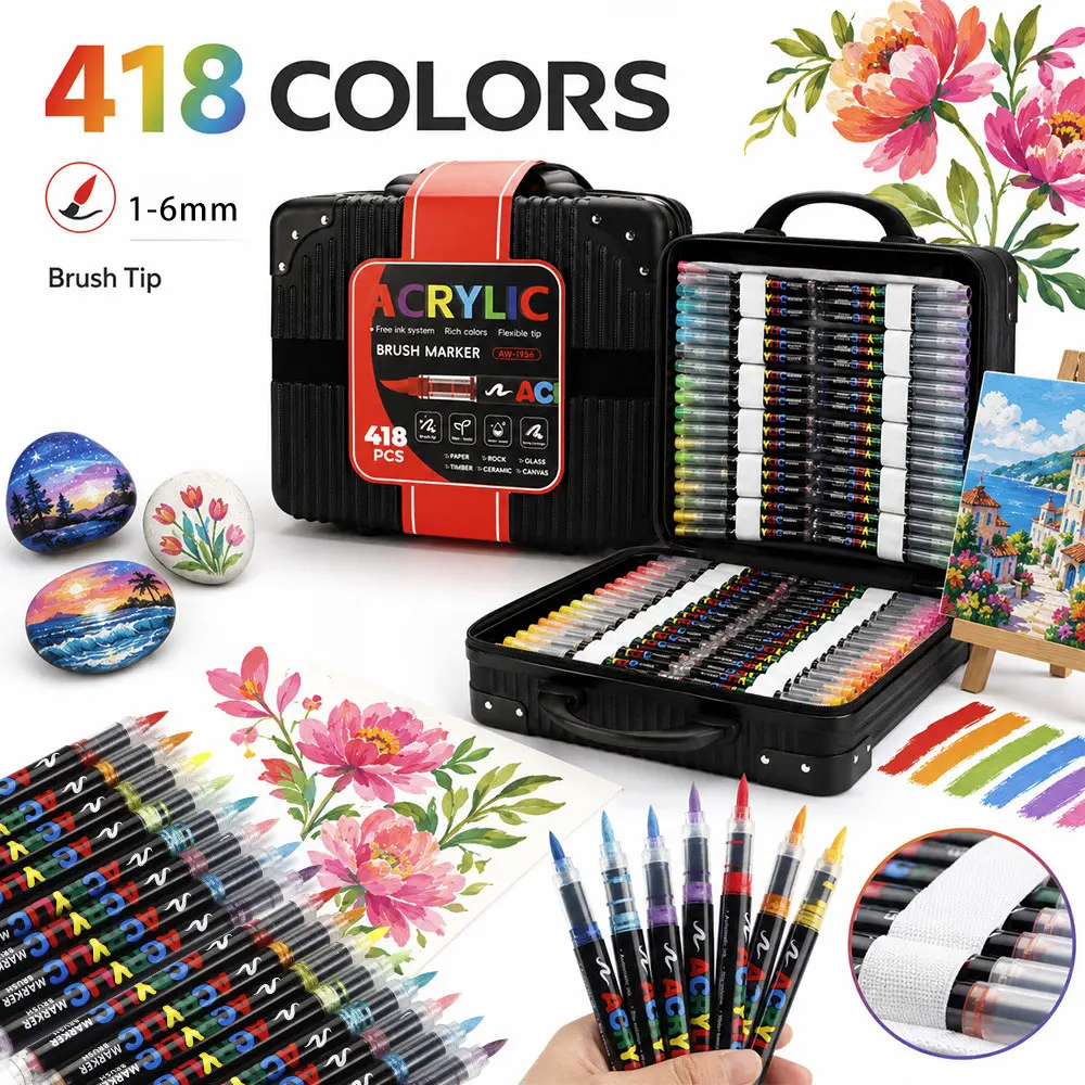 418 Colors Direct Liquid Soft Tip Acrylic Markers Set, DIY Colorful Brushes, Ideal for Rock Art, Calligraphy, Card Making, Christmas Decorations