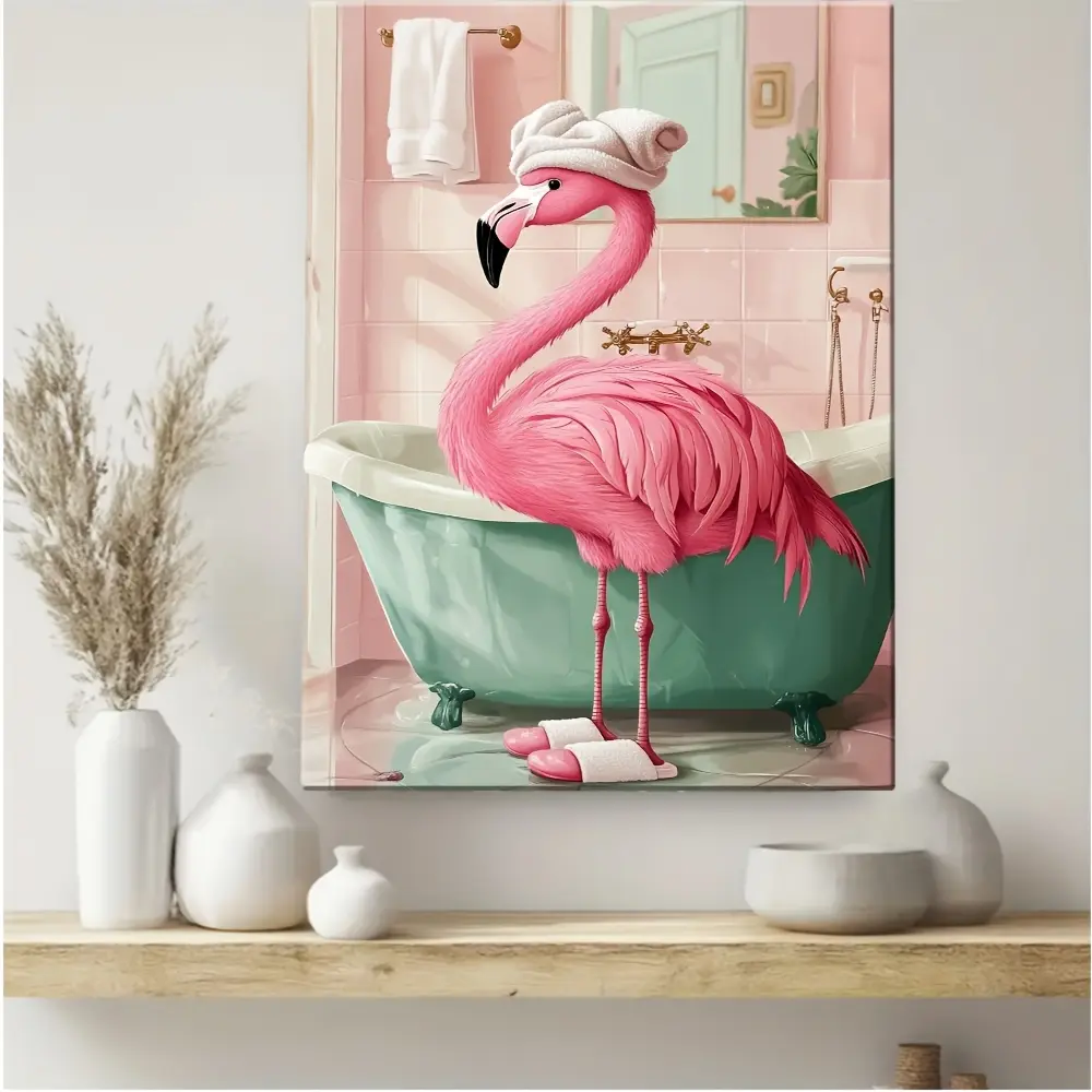Pink Flamingo Bathroom Minimalist Artistic Painting - Framed, Ready-to-Hang Artwork - Home Decor for Bathroom, Bedroom - Ideal Housewarming Gift for Her, Water Proof, Hanging, Print