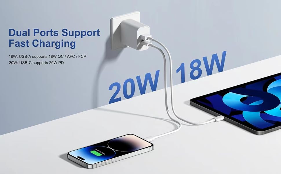 USB-C charger block with fast charging and multiple ports.Suitable for iPhone 17.Output: 20W.Features USB-C and USB-A ports.Compatible with iPhone 17/16/15/14/13/12/11/X/8, iPad, Google Pixel, Samsung Galaxy.