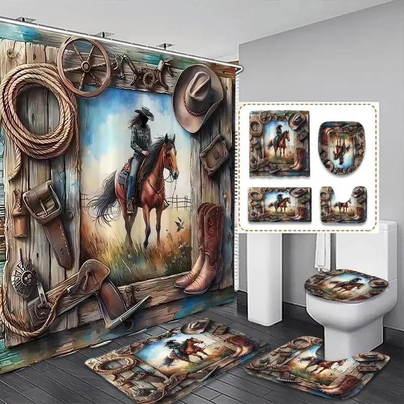 Western Cowboy Style Bathroom Shower Curtain Set (featuring riders, cowboy hats, boots, lassos, and saddles); includes toilet lid cover, bath mat, and hooks; modern decorative style.