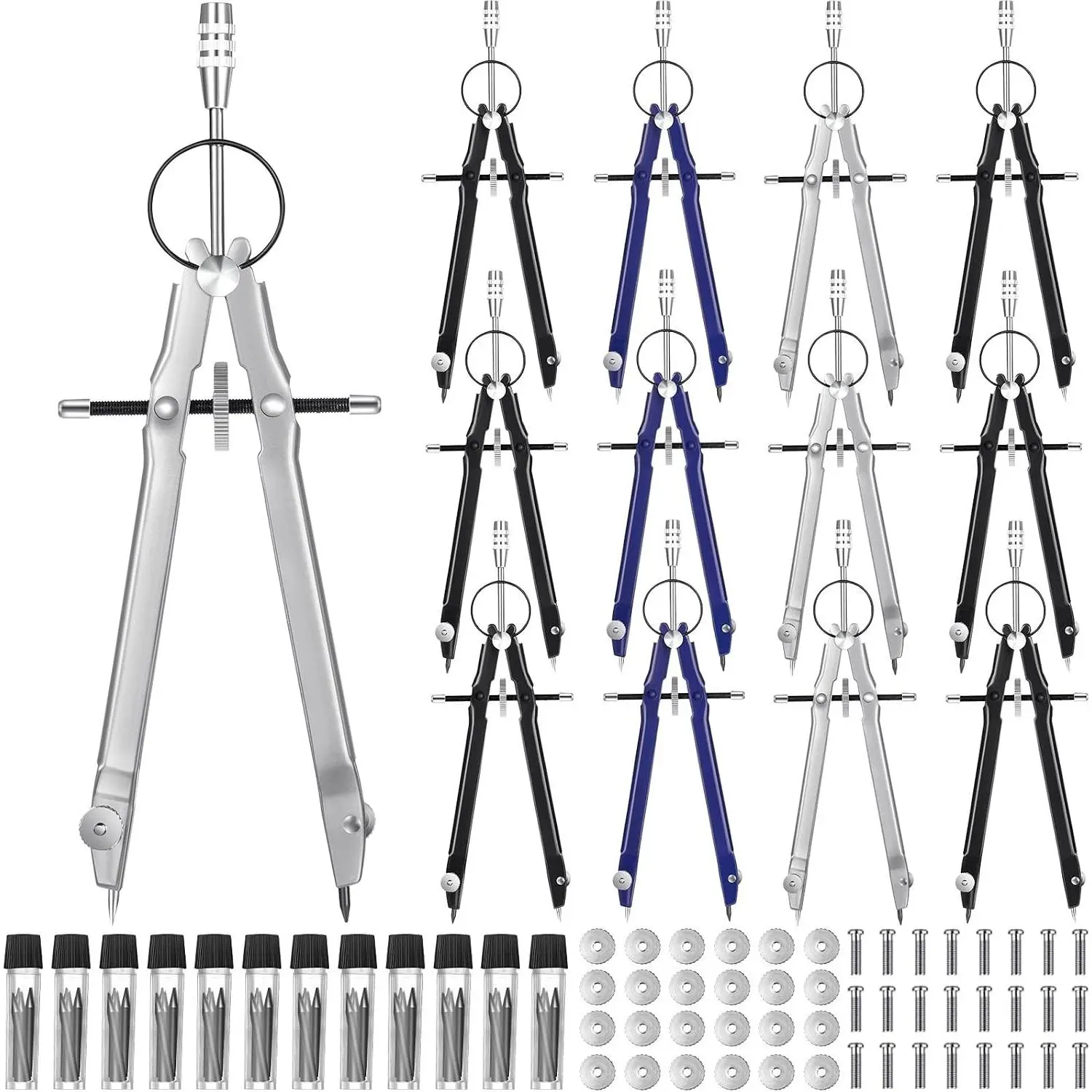 12 Pcs Compass for Geometry Drawing Metal Compass with Extra Refills and Screws Circle Maker Back to School Circle Drawing Tool for Math Drafting Measuring Woodworking Office, 3 Colors
