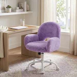 Purple Faux Fur Vanity Swivel Chair with Arms & Silent Wheels, Height Adjustable Round Hollow Back Rolling Desk Chair, Comfy Ergonomic Makeup Accent Chair for Bedroom Home Office Gaming