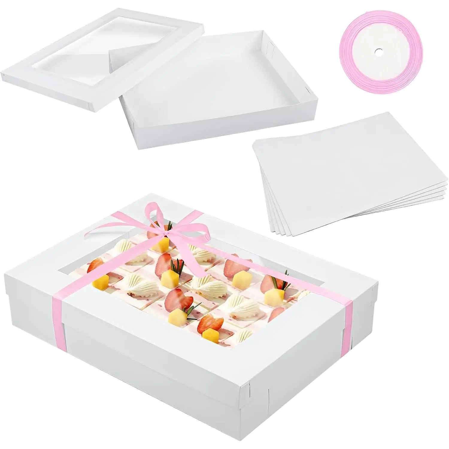 5 Set Full Sheet Cake Box 26 x 18 x 4 Inch with Cake Boards and  Satin Ribbon Large Rectangle Bakery Boxes with Window White Bakery Boxes for Packaging Cupcakes Muffins Pie