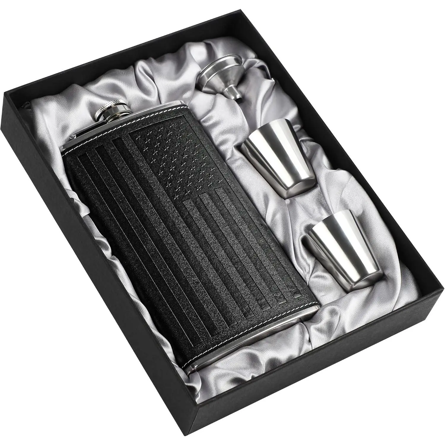 Flask For Men,350ml/12oz Hip Flask, 304 Food Grade Stainless Steel,2 Cups And Funnel Portable Gift Box For Whiskey Rum Groomsman Best Man Usher Wedding-Leather America Flag Black