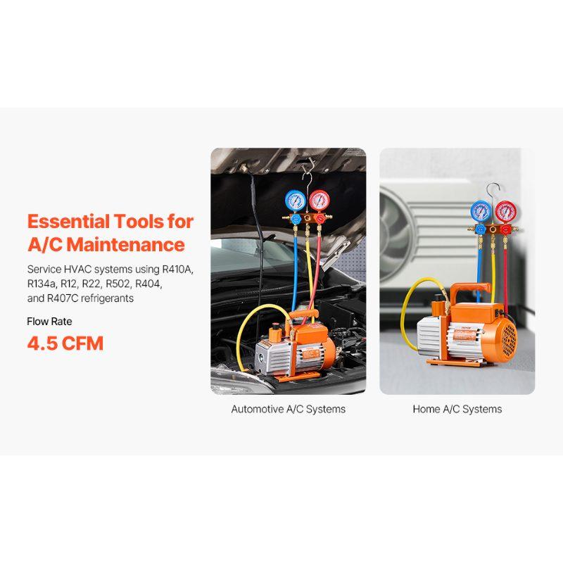 VEVOR 4.5 CFM AC Vacuum Pump and Gauge Set, Single Stage Rotary Vane HVAC Air Vacuum Pump, A/CRefrigerantManifold Gauge Kit, with Leak Detector Hoses, for R134a, R12, R22, R502a, R410A, R404, R407C