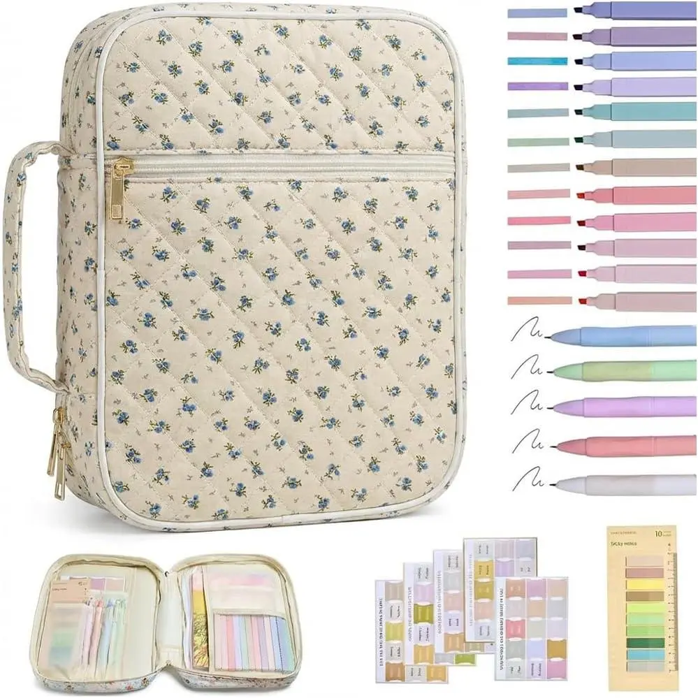 Cover Case for Women, Large Floral Quilted  Carrying Bag with  Journaling Study Supplies, Christian  for Church