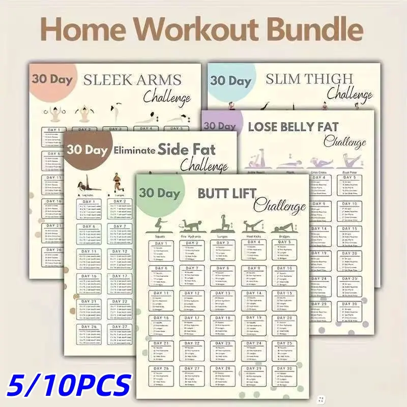 5/10 Piece Set 30-Day Home Fitness Challenge Poster Kit, 10 Workout Plans, Targeted Muscle Training, Visual Learning Tool, Home Gym Tracking