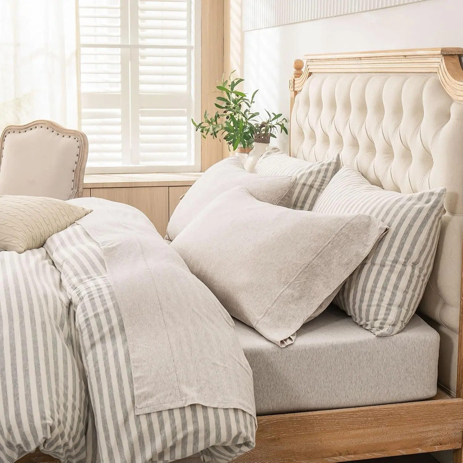 Jersey Knit Sheet Set Heather Beige King | 100% Cotton, 4 Piece Set, T Shirt Soft, Deep Pocket, Fits Mattresses Up to 20" Deep, All Around Elastic, Modern and Casual