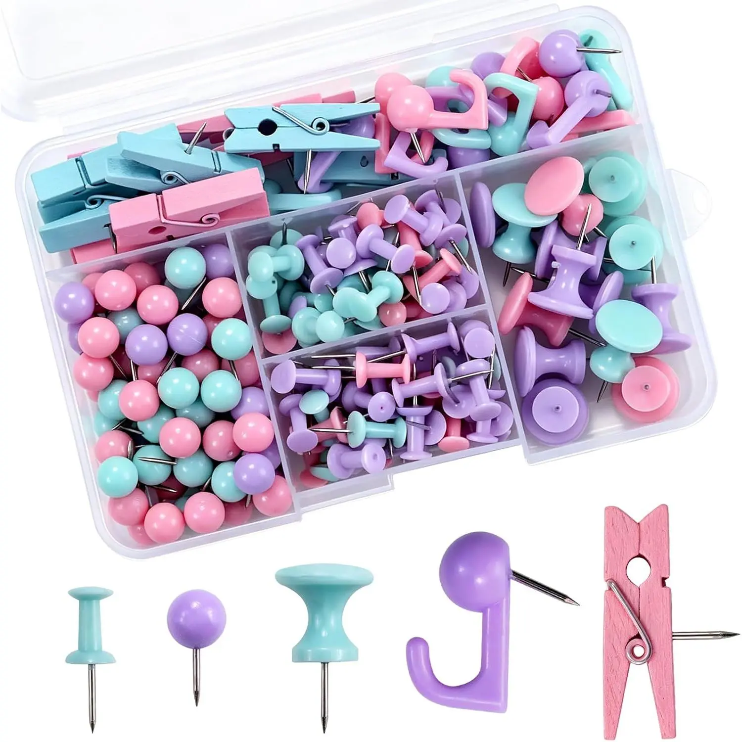 200-Count Black Plastic Head Push Pins for Bulletin-Cork Boards, 5 Multiple Styles Reusable Thumb Tacks for Wall Maps-Photos, Office/Classroom School Supplies