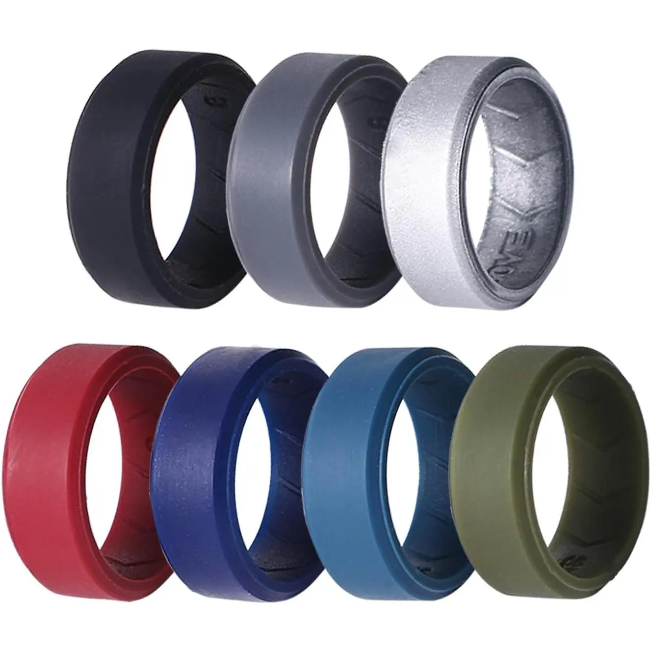 Men's Silicone Wedding Bands, 7-Pack Modern Synthetic Comfortable Rubber Rings, 8mm Wide with a Breathable Fit for Active Lifestyles, Olive, Gray, Active Wear, Stacking Rings, All-Season, 7 Count, 7-Packs Silicone Band