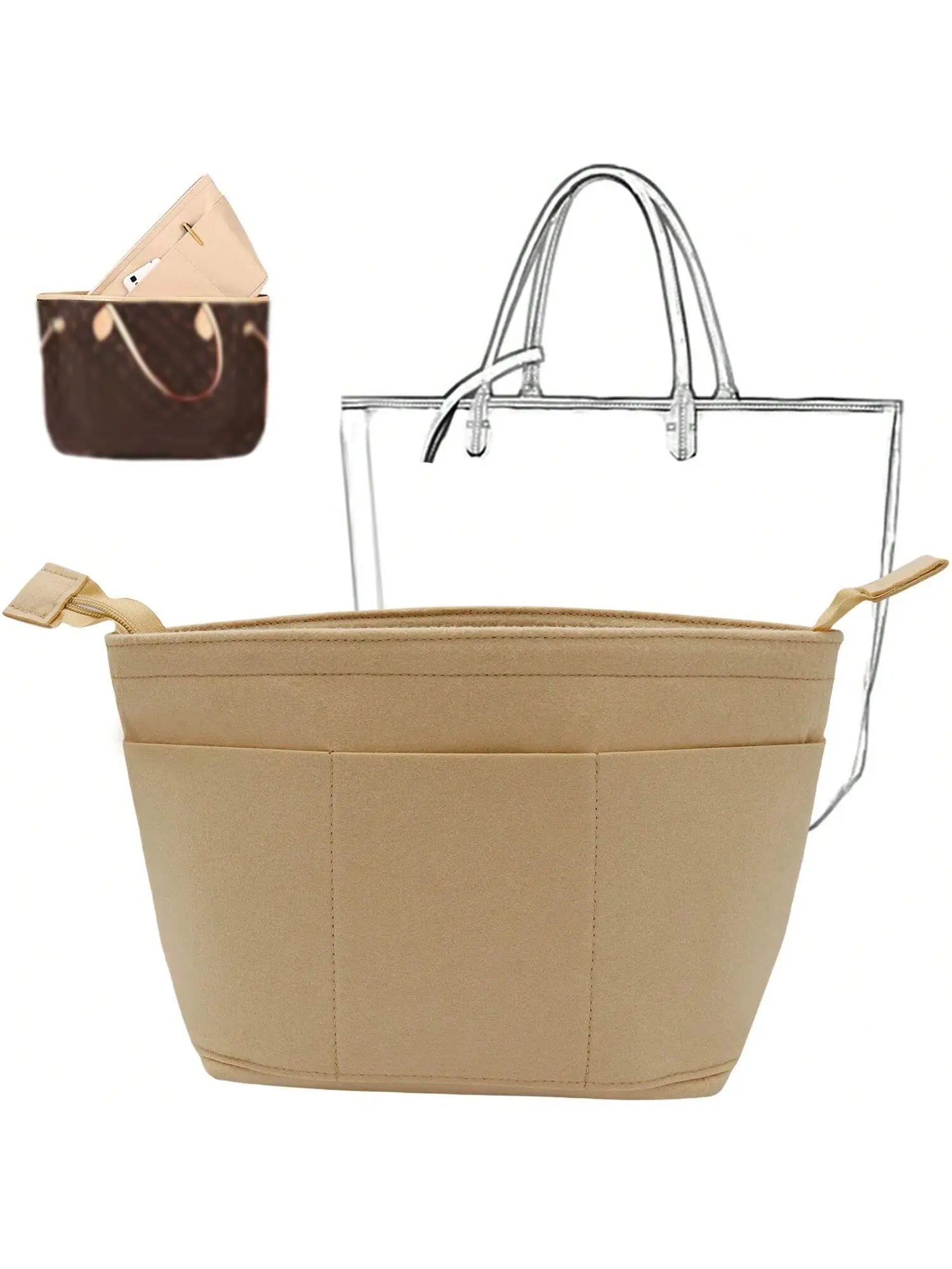 Zippered Felt Purse Organizer Insert, 2 Sizes M/L Available, Trapezoidal Bag In Bag Liner With External Pockets, Portable Handbag Storage Organizer For Medium Large Classic Tote Bags