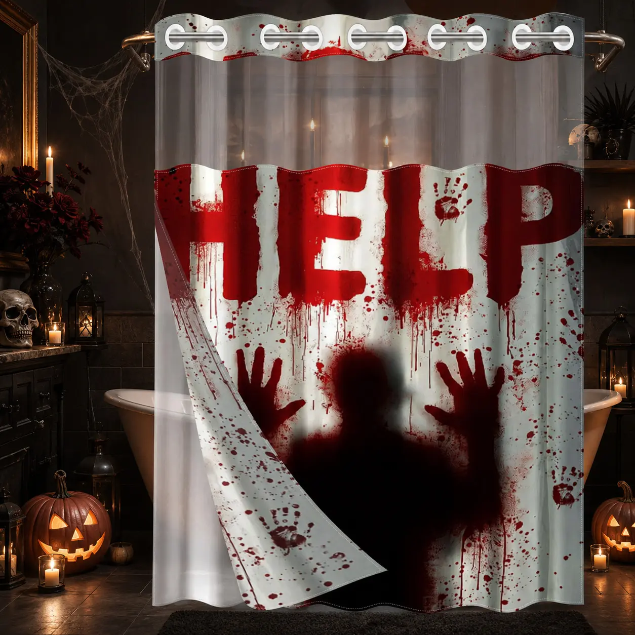 1Pc Hookless Double Layer Light Base Red Splash Letter Figure Palm Texture Shower Curtain, Top Light Transparent Mesh Window, Detachable Snap Liner, Waterproof Mildew Resistant Durable Fabric, Dark Atmospheric Halloween Bathroom Decor