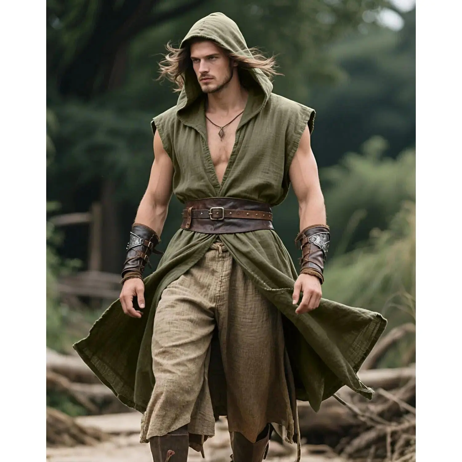 Men's Medieval Hooded Sleeveless Surcoat - Renaissance Tabard Tunic Cloak Viking Costume Set, Mens Clothing for Halloween Assassin Cosplay, Cosplay Clothes
