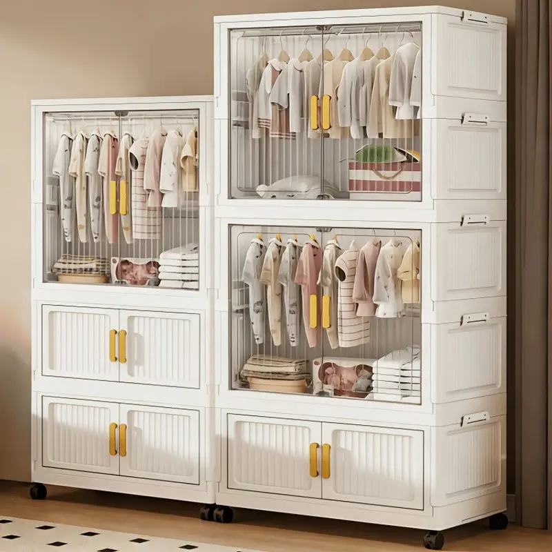 Stackable Foldable Freestanding Wardrobe Closet Magnetic Doors & Rolling Casters, Large Capacity Clothing Storage Armoire with Hanging Rod, Multifunctional Garment Organizer Cabinet for Bedroom Dorm Laundry Room Gym Garage Household Clothes Storage