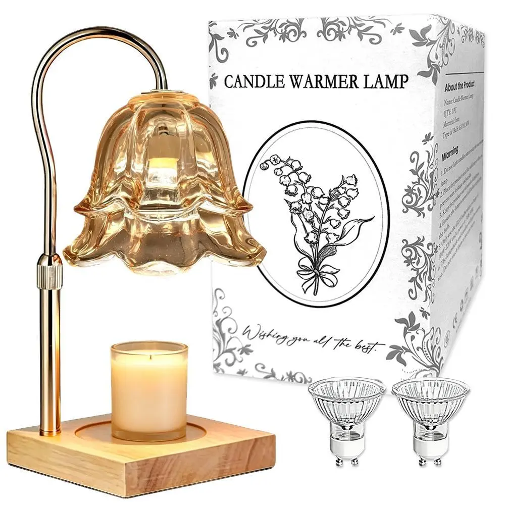 No Flame Fragrance Lamp with Timer, Gold Floral Height Adjustable Candle Warmer for Home