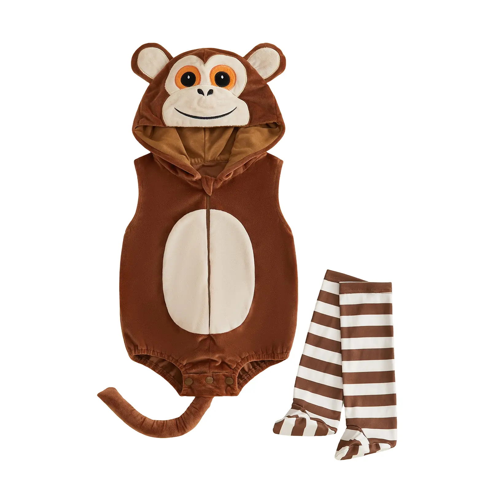 FOCUSNORM Infant Baby Boy Girl Monkey Halloween Costume Cute Plush Long Sleeve Hooded Romper and Striped Stockings Set 0-18 Months