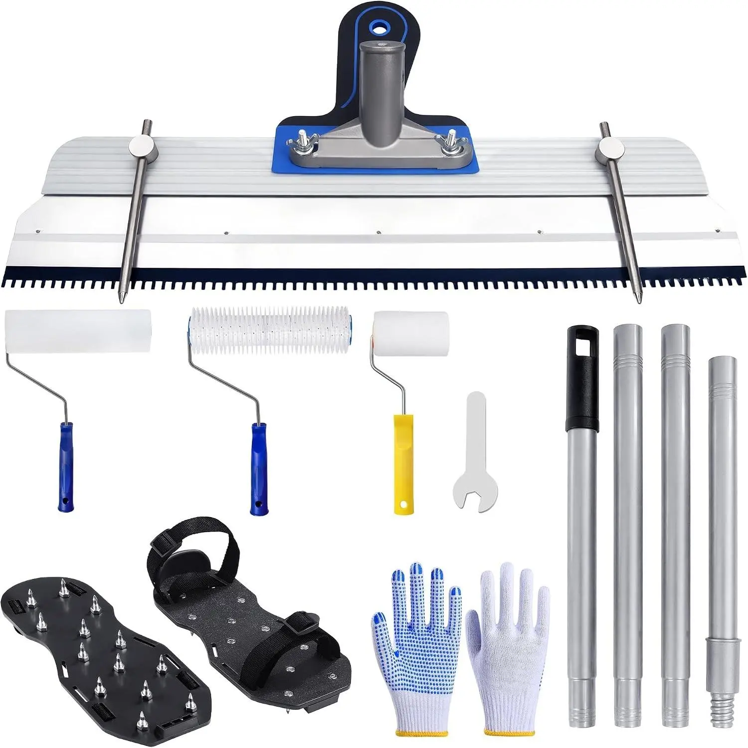 Self Leveling Epoxy Floor Kit with 9” Spike Roller, Rake, Spiked Shoes, 4” Paint Roller, Extension Pole for Cement and Flooring Projects