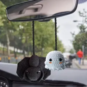 Cute Bat Car Rearview Mirror Charm, Handmade Crochet Halloween Hanging Ornament for Car Interior Decor