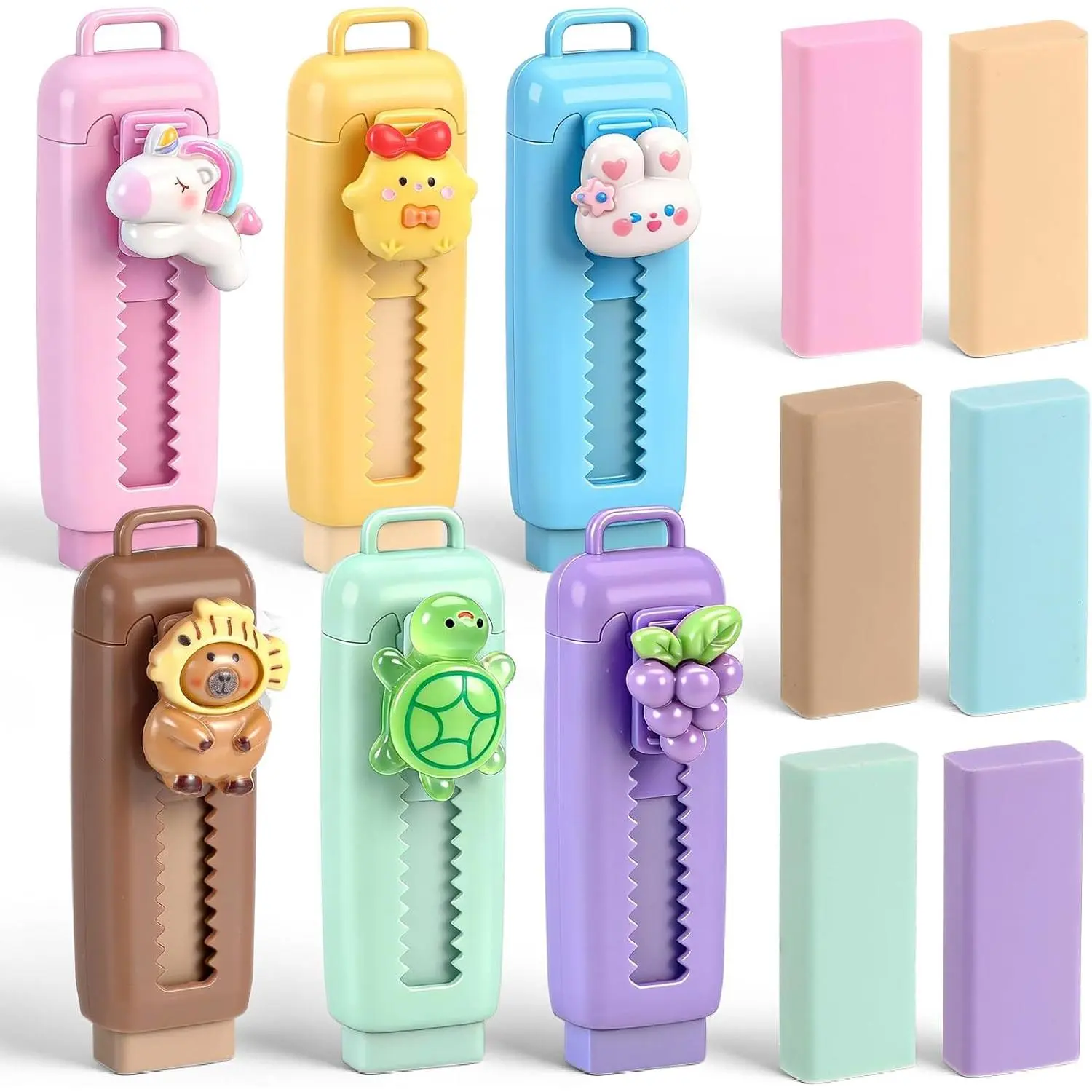 Cute Retractable Erasers with Refills Bulk Kawaii Cartoon Fun Push Pull Sliding Erasers for Teacher Rewards   to School Party Favor Supplies(Classic 6 Sets)