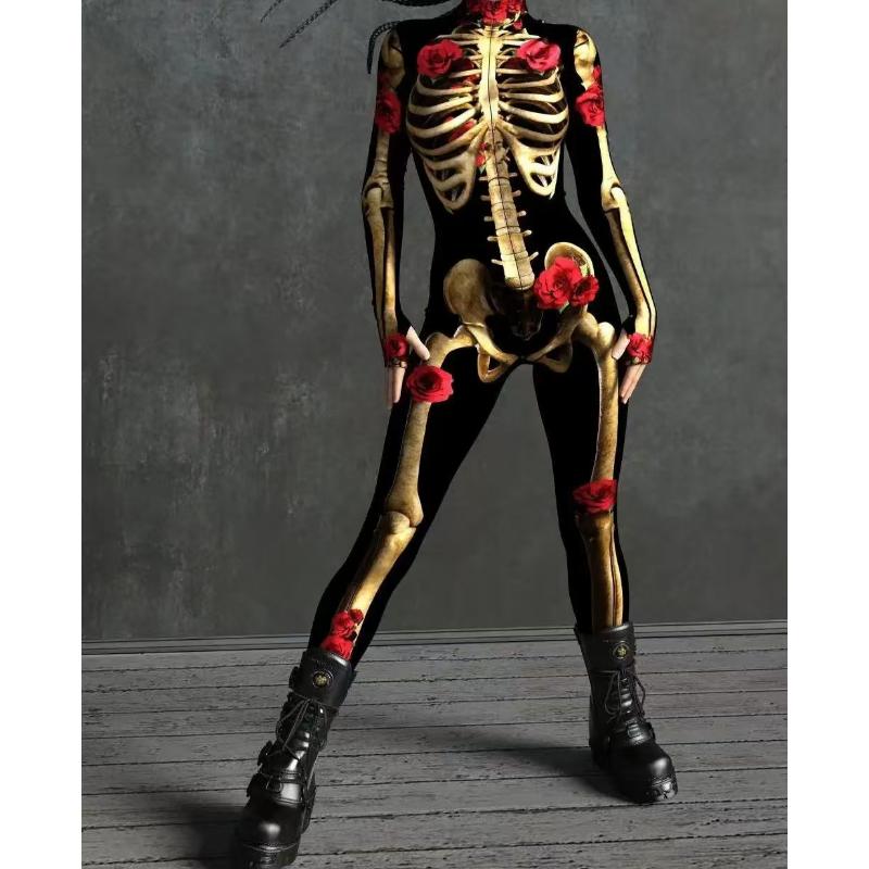 Women Skeleton Rose Print Bodysuit Long Sleeve Tight Fit All Season ...
