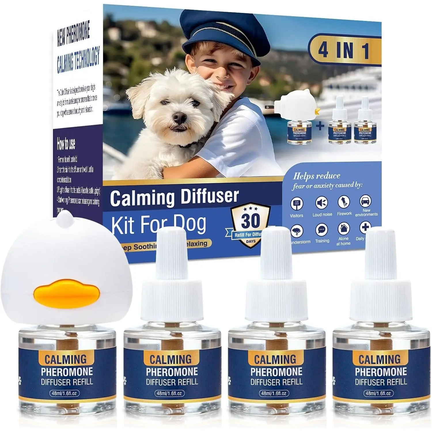 4-in-1 Dog Pheromone Calming Diffuser Kit with Plug-in and 3 Pack 48ml Refills, Tasteless 90-Day Supply for Anxiety Relief, Reducing Barking, Aggression, Fighting, and Stress