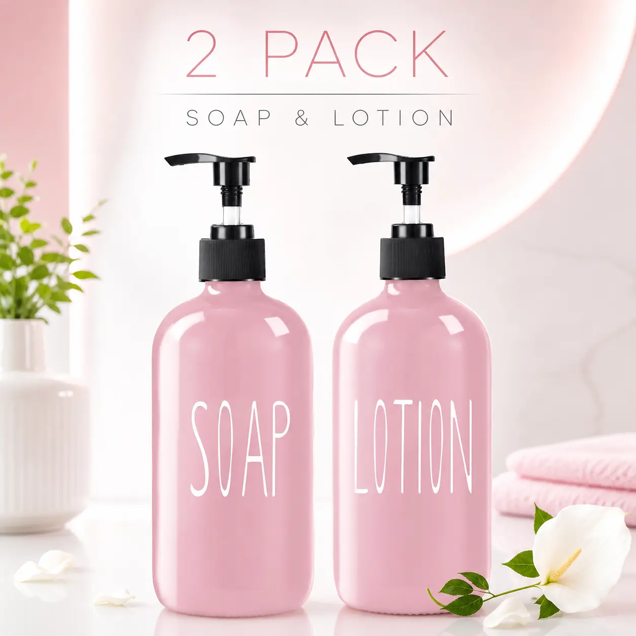 Decorative Pink Glass Soap Dispenser Set - 2-Pack 16oz Pump-Top Dispensers, Kitchen & Bath Accessories for Home Decor