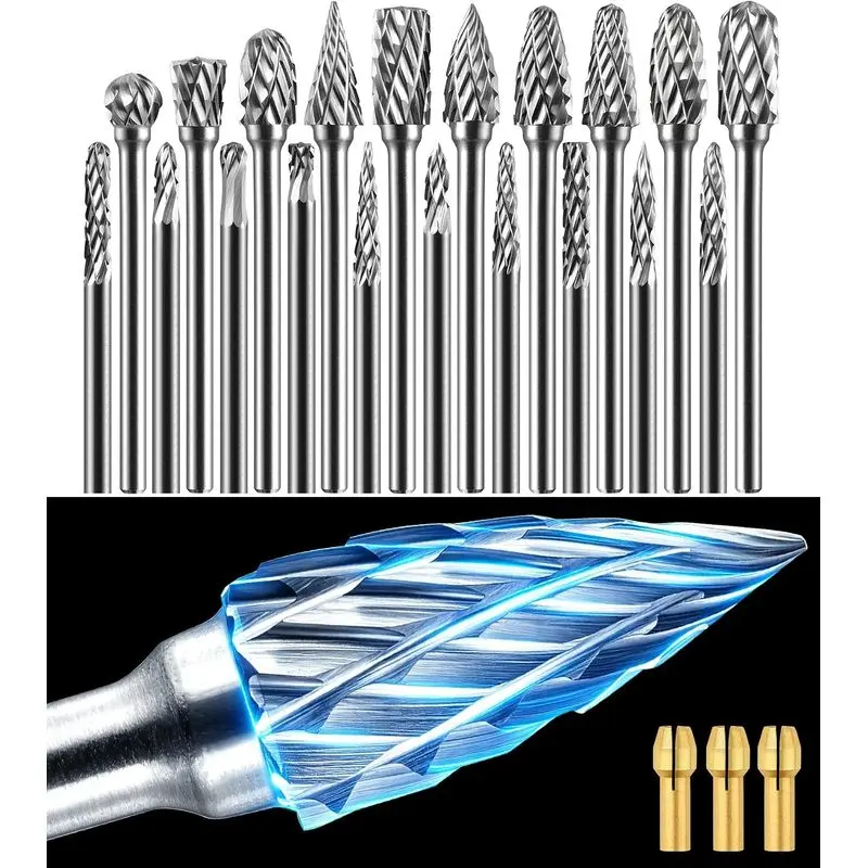 Kraft 20Pcs Tungsten Carbide Burr Bits with 3-Collets Set, 1/8" Shank High-Speed Double Cut Rotary Tool Accessories for Metal/Wood Grinding, Carving Wood & Deburring
