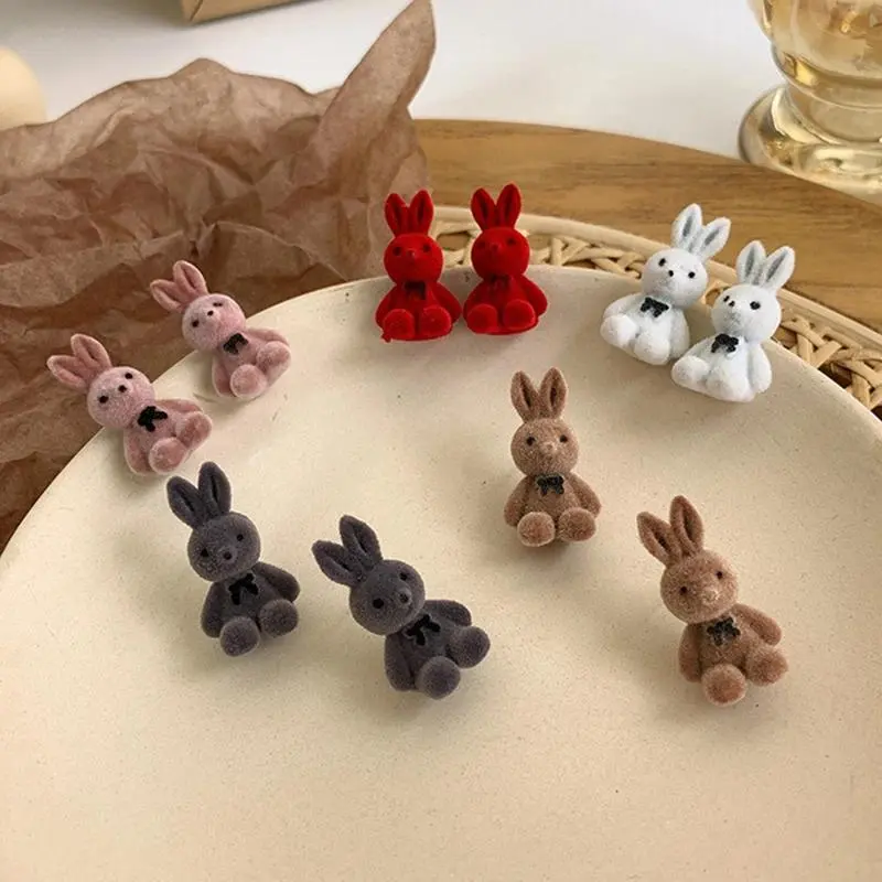 Flocking Plush Rabbit Bear Stud Earrings Kawaii Brown Khaki Animal Earrings For Women Girls Korean Earring Jewelry Brincos Gifts