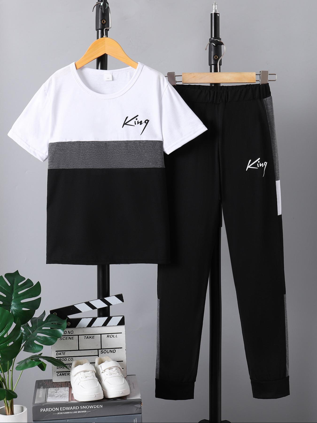 Boy's Letter Print Tee & Side Stripe Sweatpants Set, Round Neck Set, Colorblock Short Sleeve T-shirt & Jogger Pants, Casual Summer Outfits Clothes for Kids Children, Kids Athletic Clothing, Striped Sets, Youth Kits
