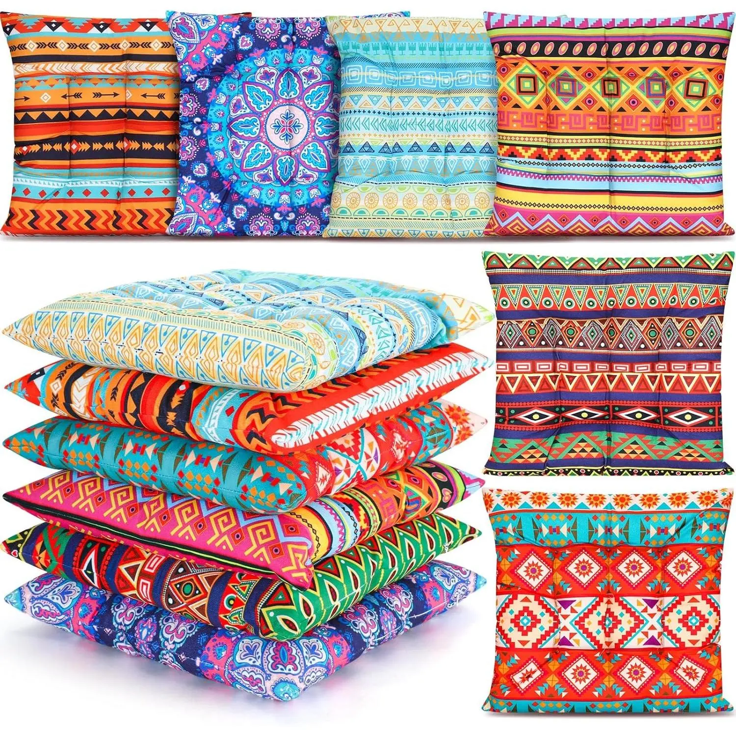 6 count Bohemian Floor Pillows Seating 15 Inch Boho Floor Cushions Sitting Pillows Square Yoga Mandala Meditation Pouf for Living Room Balcony Office Tatami(Stylish)