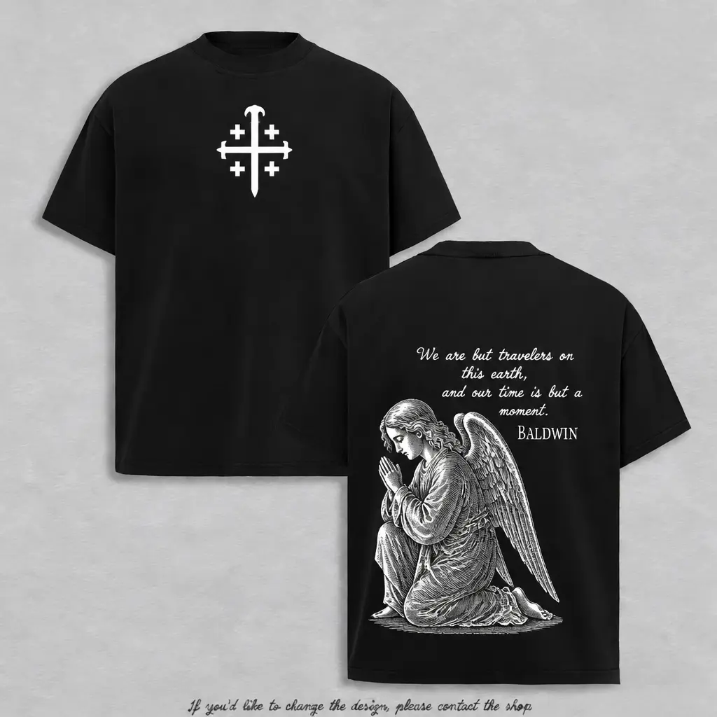 Kneeling Praying Guardian Angel Christian Oversized Tee, Front Thin Jerusalem Cross Chest Print, Back Vintage Woodcut Bowing Angel With Baldwin Pilgrim Quote, Black White Etching Religious Streetwear, Soft Washed Cotton Faith Based Casual Shirt-ZB