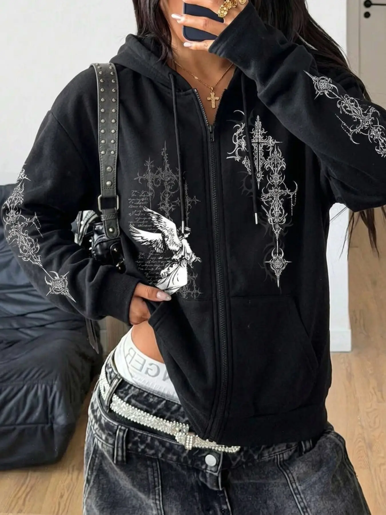 Women's Gothic Cross Print Zipper Hooded Sweatshirt, Y2K Retro Loose-Fit Long Sleeve Outerwear, Fall & Winter Casual Fashion