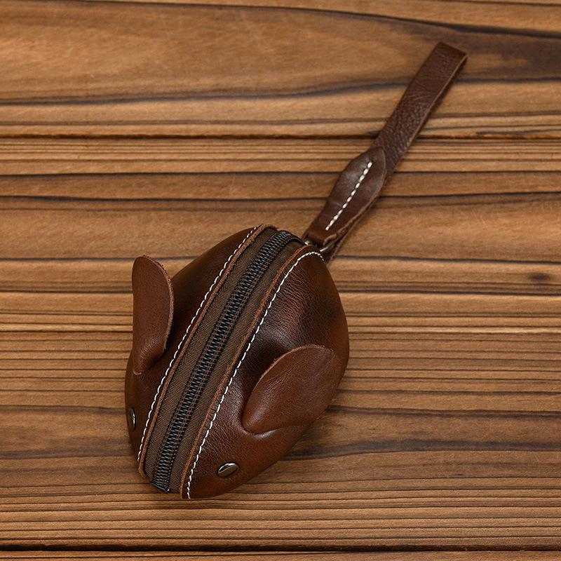 Unisex Crazy Horse Leather Card Holder & Coin Purse | Genuine Cowhide Mini Wallet, Cute Mouse Animal Design, Zipper Closure Slim Card Case, Durable Lightweight EDC Pocket Wallet for Daily Casual Use