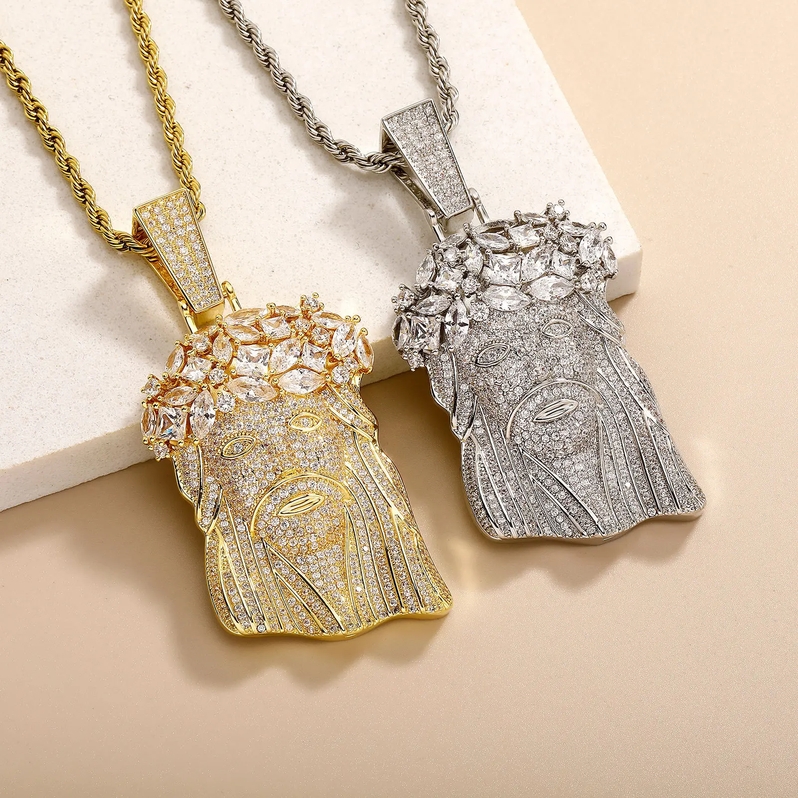 Iced Out Jesus Head Pendant Necklace, Fully Paved Zircon Copper Hip Hop Necklace, Religious Street Jewelry Birthday Gift For Men Boyfriend season chain exquisite hop jewelry twist chain necklace luxury daily wear gift full rhinestone