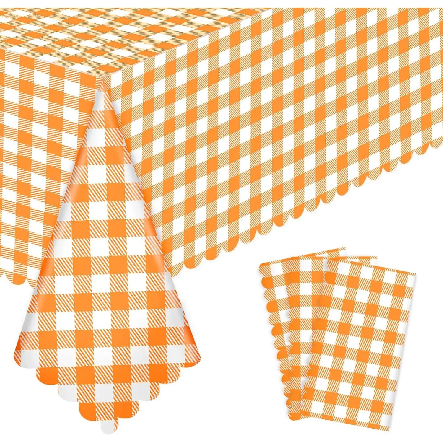 3 Pack Orange Gingham Tablecloth, 54 X 108Inch Plastic Orange Checkered Table Cloth Disposable Scalloped Tablecloths   Table Cover for Picnic Wedding Birthday Outdoors Party