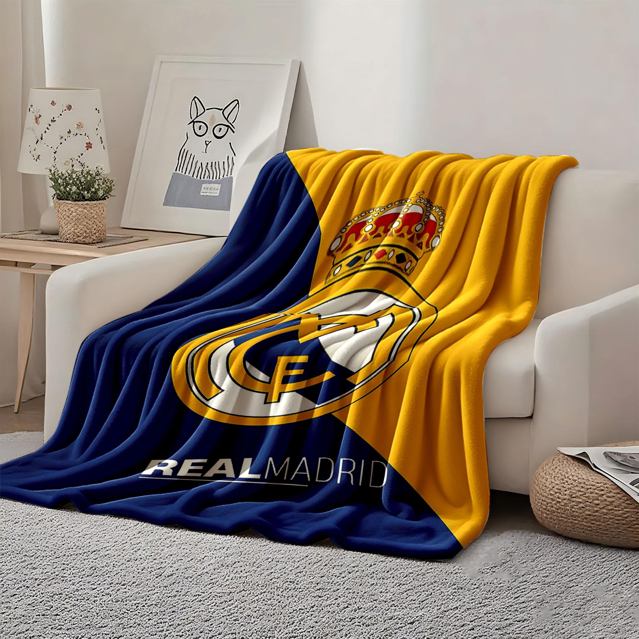 Royal Madrid Team Logo Blanket, Soft Flannel Gift Throw, High-Definition Print, Comfortable Bed & Office Blanket, Multifunctional Travel Cover